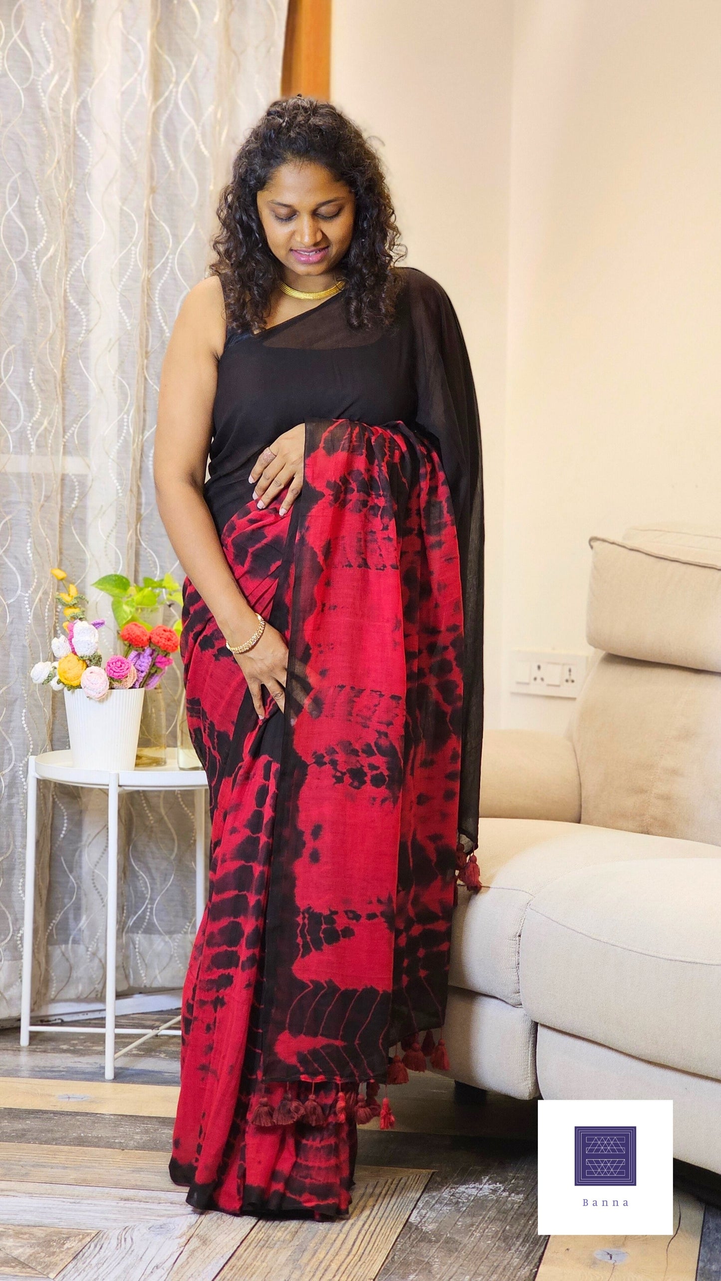 Soft Mul Cotton saree - Red Black