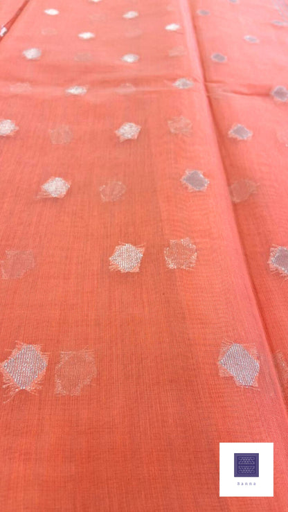 Cotton Tissue Checkered Saree - Peach and Silver