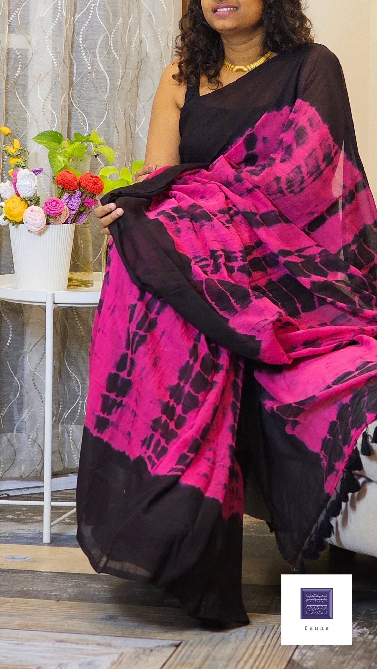 Soft Mul Cotton saree - Black and Pink