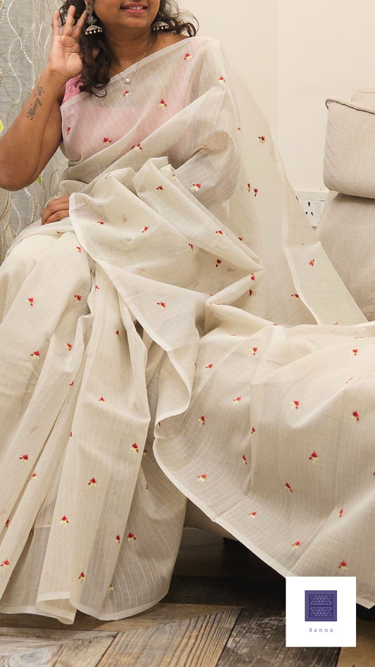 Kota cotton saree with floral embroidery - Off white