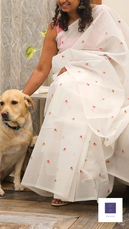 Kota cotton saree with floral embroidery - White