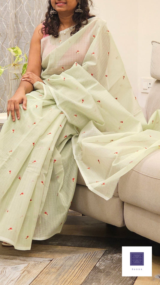 Kota cotton saree with floral embroidery - Pastel Green
