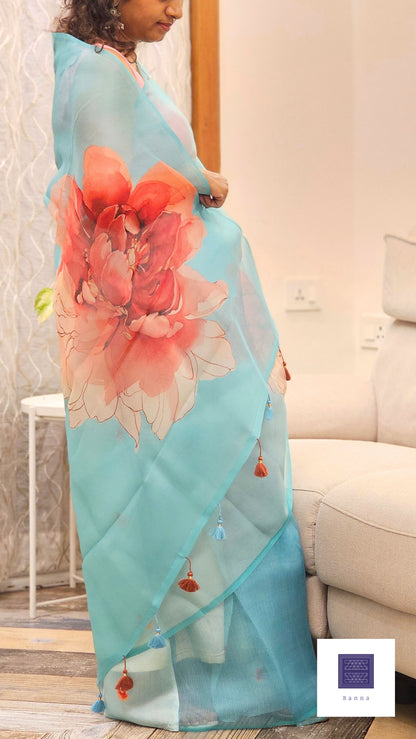 Blue Summer Silk saree - Pure handloom Kora with floral prints