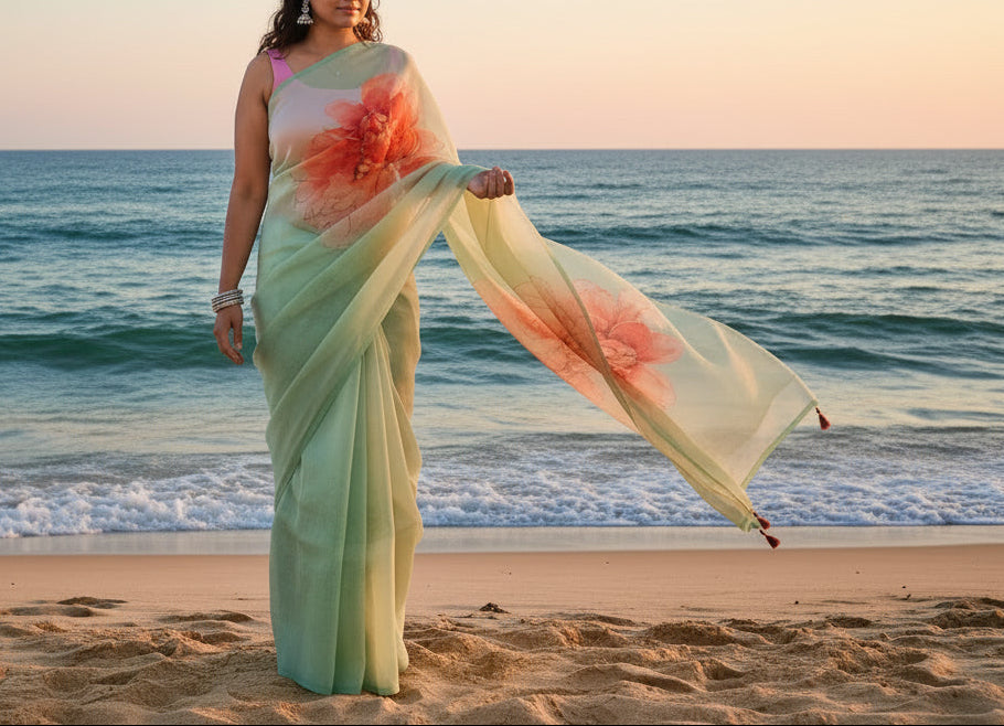 Green Summer Silk saree - Pure handloom Kora with floral prints