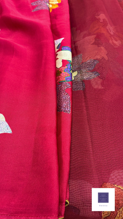 Pure Kora half and satin half saree - Reddish Maroon