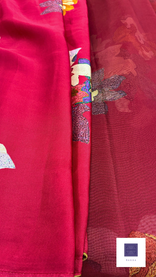 Pure Kora half and satin half saree - Reddish Maroon