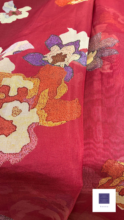 Pure Kora half and satin half saree - Reddish Maroon