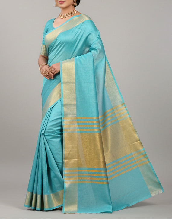 Tissue cotton saree - Sky blue