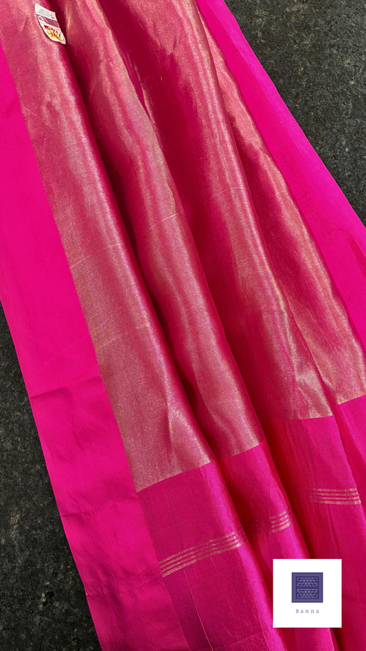 Pure Tissue Silk saree - Silver and Satin Pink border