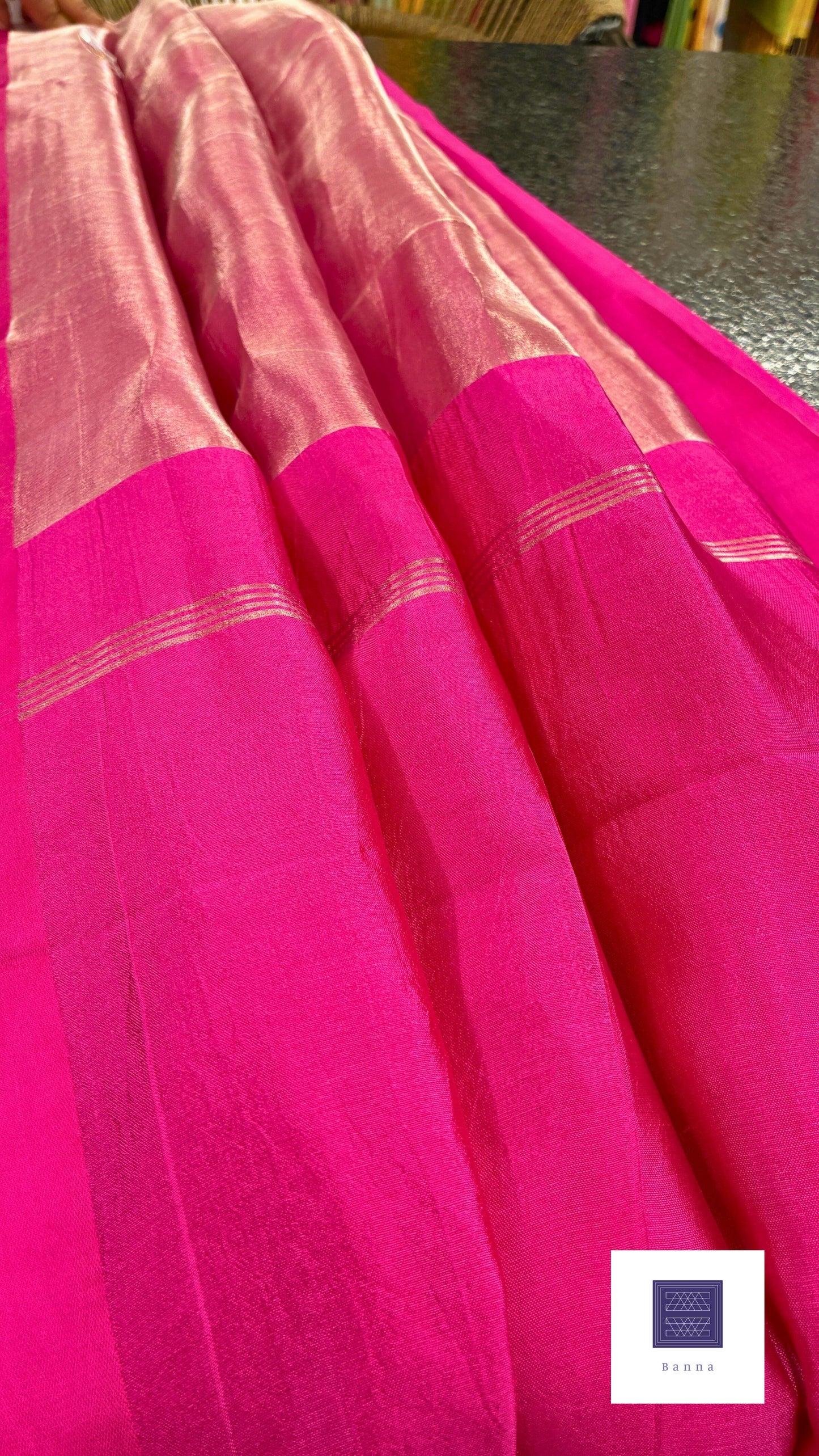 Pure Tissue Silk saree - Silver and Satin Pink border