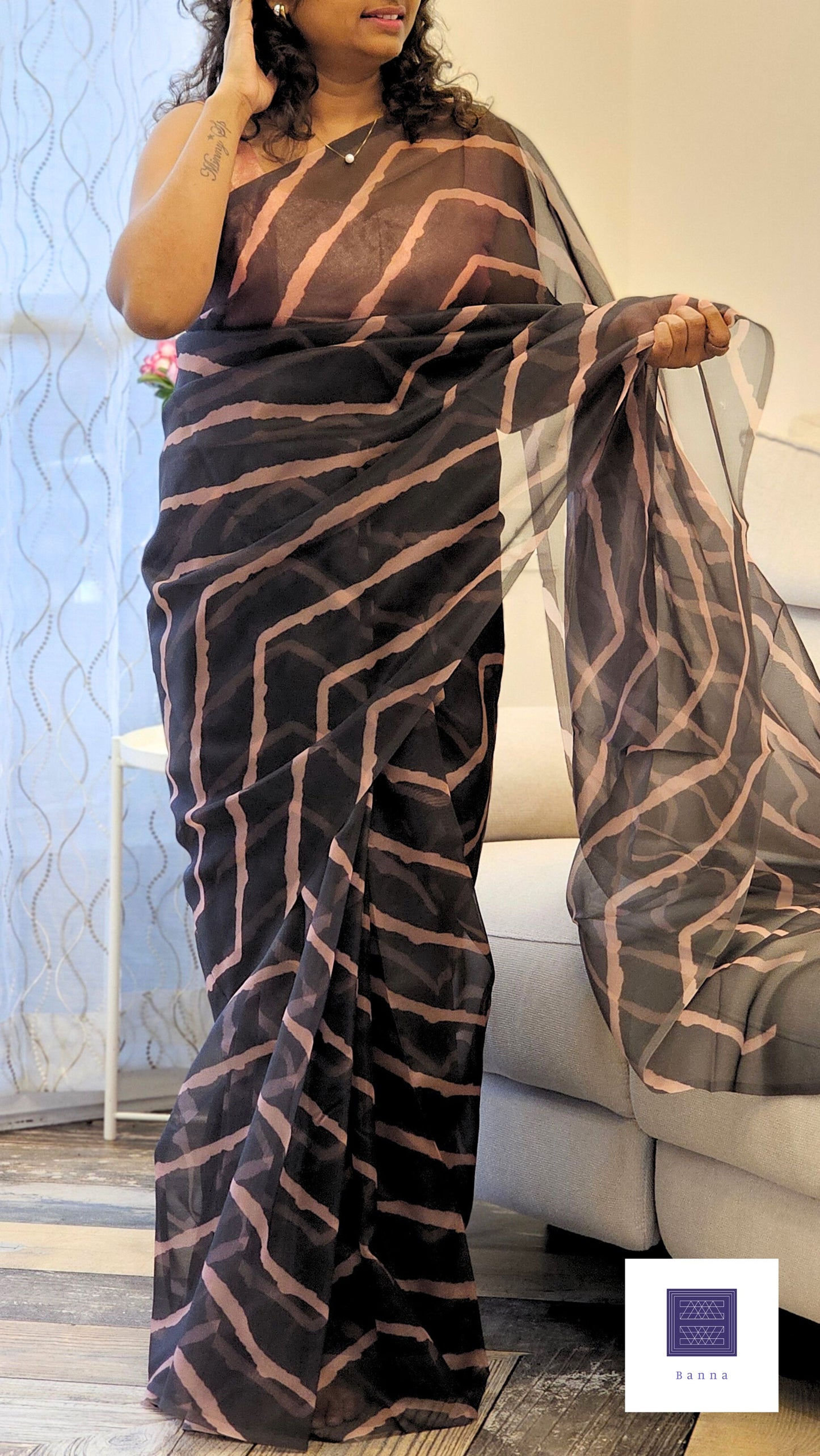 Black and Onion zigzag stripes Organza saree - Banna's signature collection