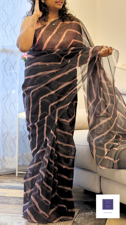 Black and Onion zigzag stripes Organza saree - Banna's signature collection