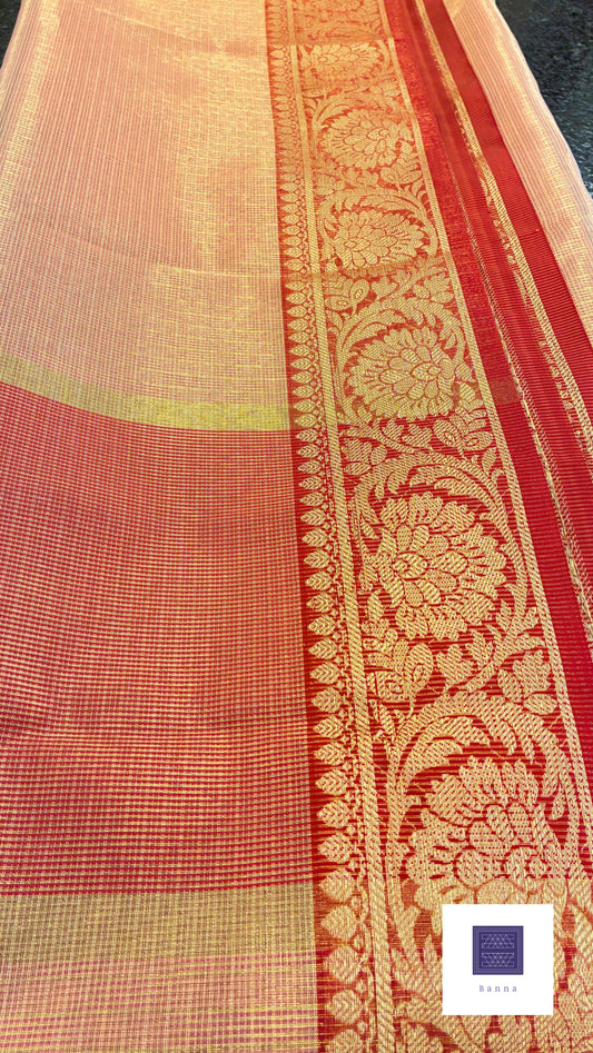 Traditional Kota tissue saree with Red border - Peach