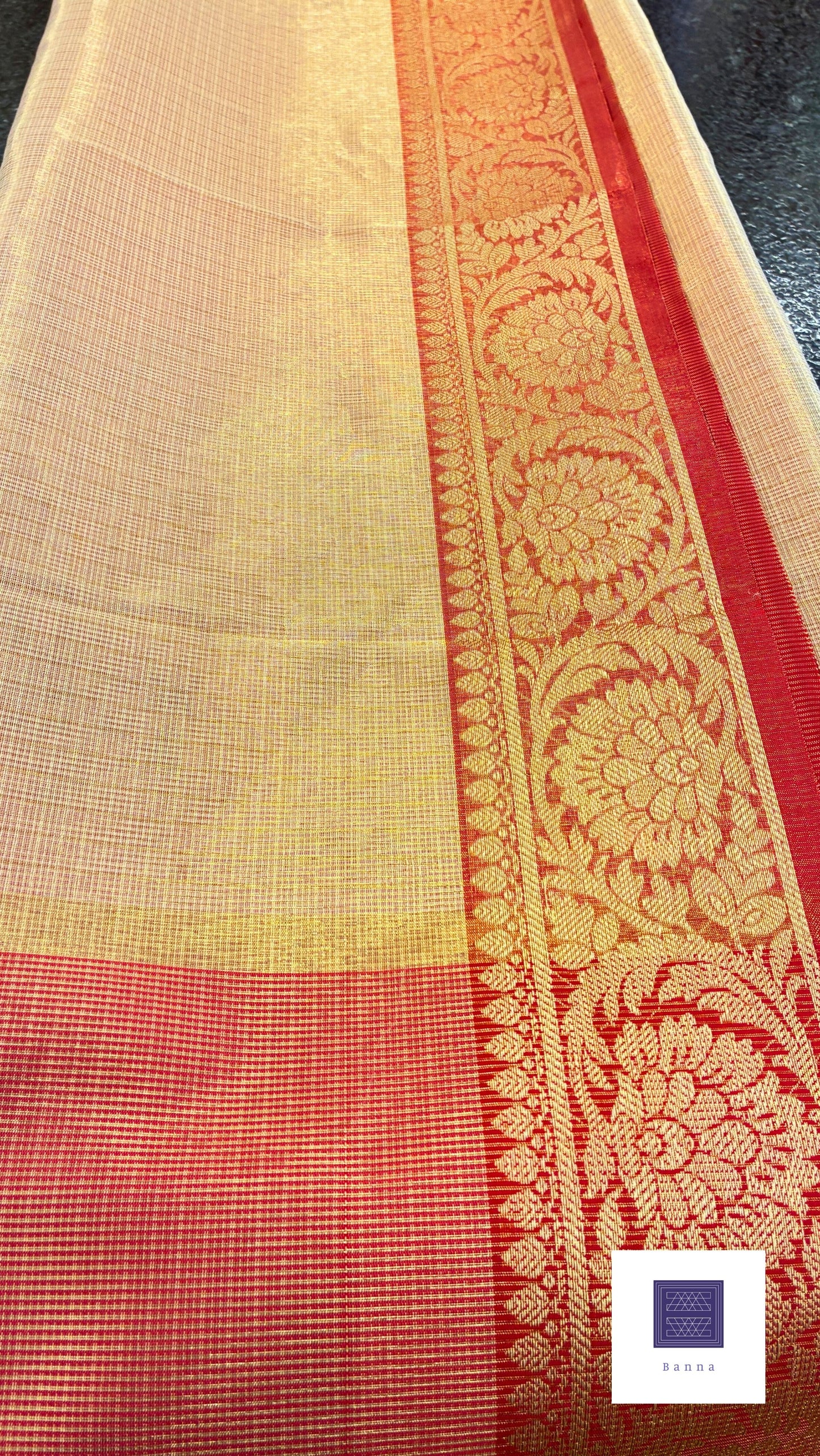Traditional Kota tissue saree with Red border - Cream