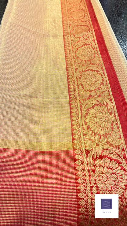 Traditional Kota tissue saree with Red border - Cream