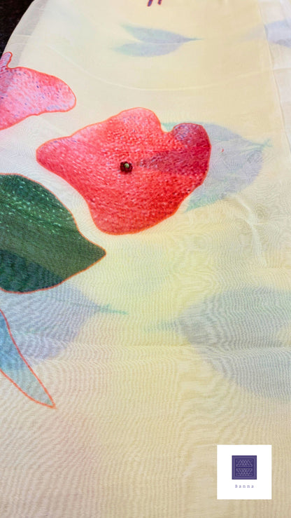 Pure Kora Silk with luxurious floral prints - Lemon Yellow