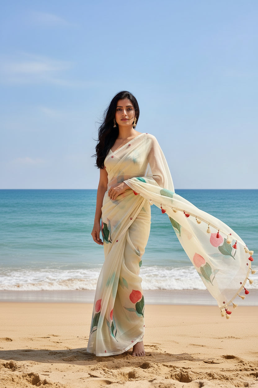 Pure Kora Silk with luxurious floral prints - Lemon Yellow