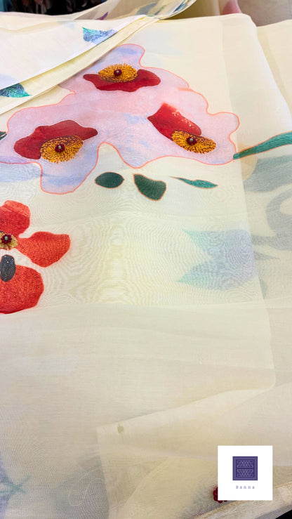 Pure Kora Silk with luxurious floral prints - Lemon Yellow