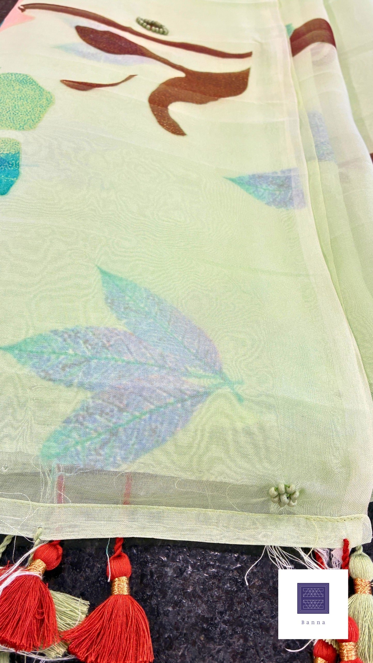 Pure Kora Silk with luxurious floral prints - Mint Green