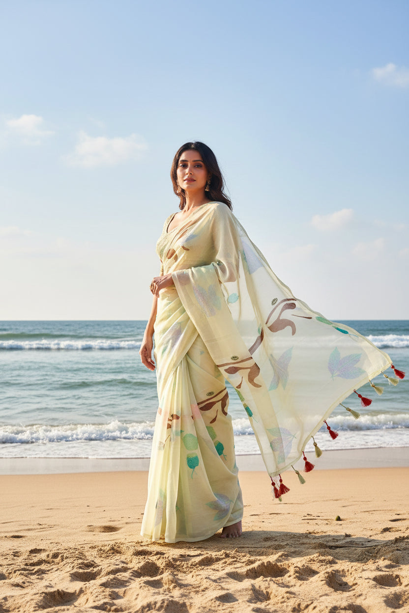 Pure Kora Silk with luxurious floral prints - Mint Green