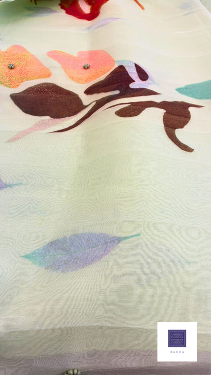 Pure Kora Silk with luxurious floral prints - Mint Green