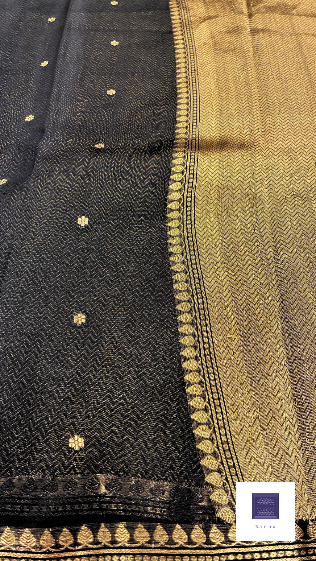 Pure Kora Silk with simple border and small buttas - Black