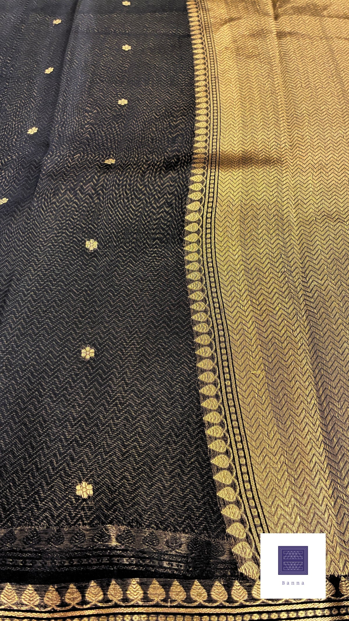 Pure Kora Silk with simple border and small buttas - Black