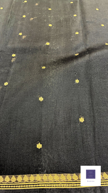 Pure Kora Silk with simple border and small buttas - Black
