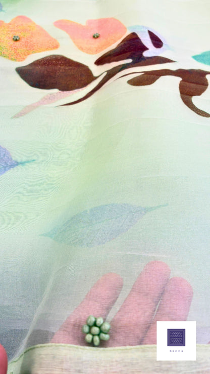 Pure Kora Silk with luxurious floral prints - Mint Green