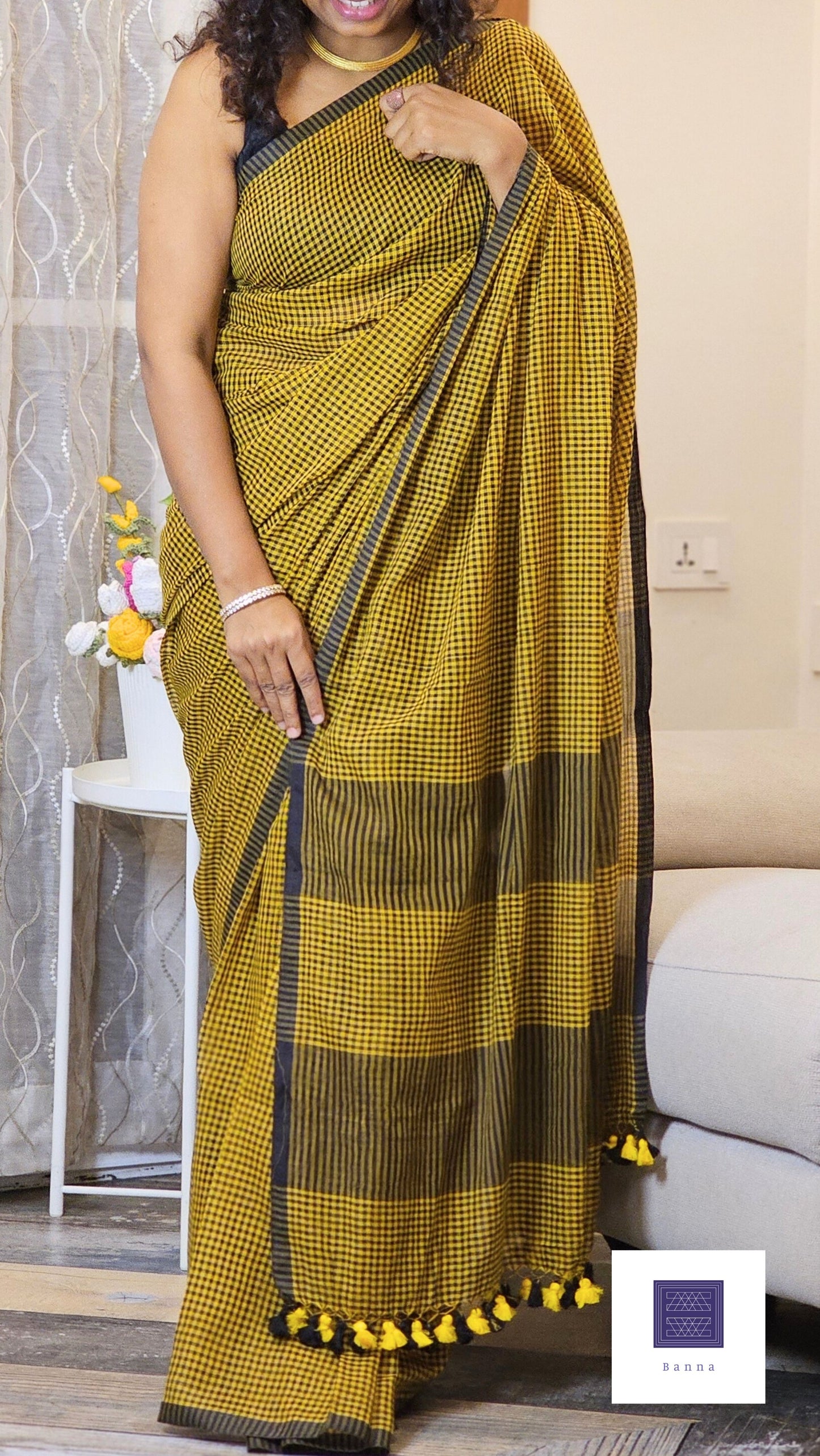Soft Mul Cotton Checkered saree - Mustard yellow and Black