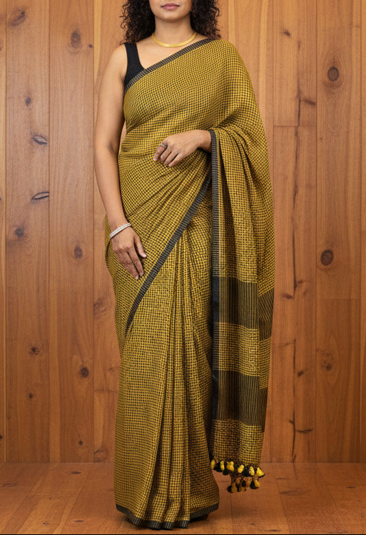 Soft Mul Cotton Checkered saree - Mustard yellow and Black