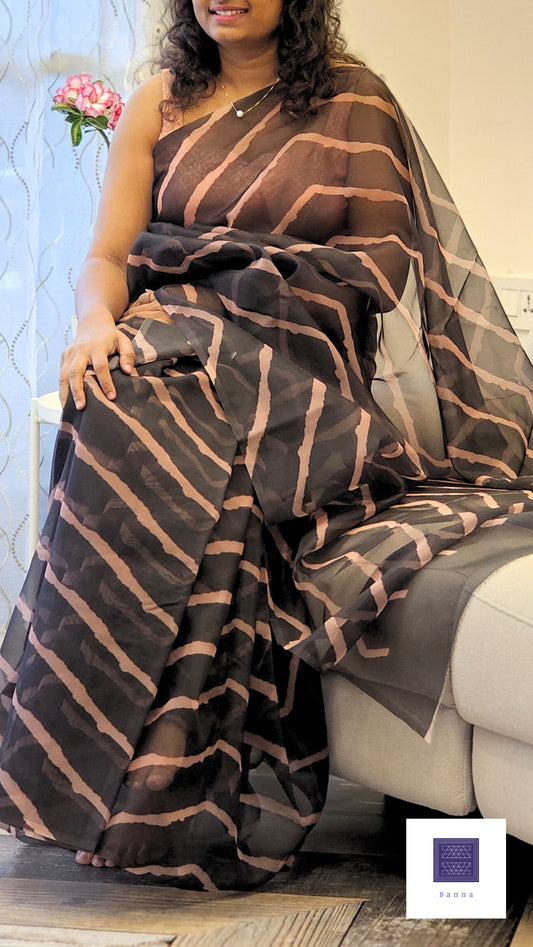 Black and Onion zigzag stripes Organza saree - Banna's signature collection