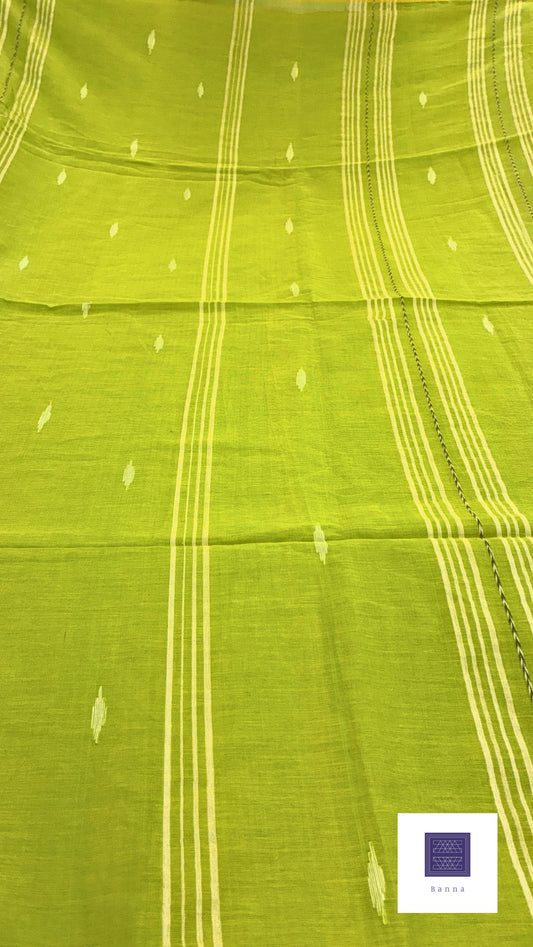 Pure Mul Cotton Saree with Jamdhani handwork - Bright Parrot Green