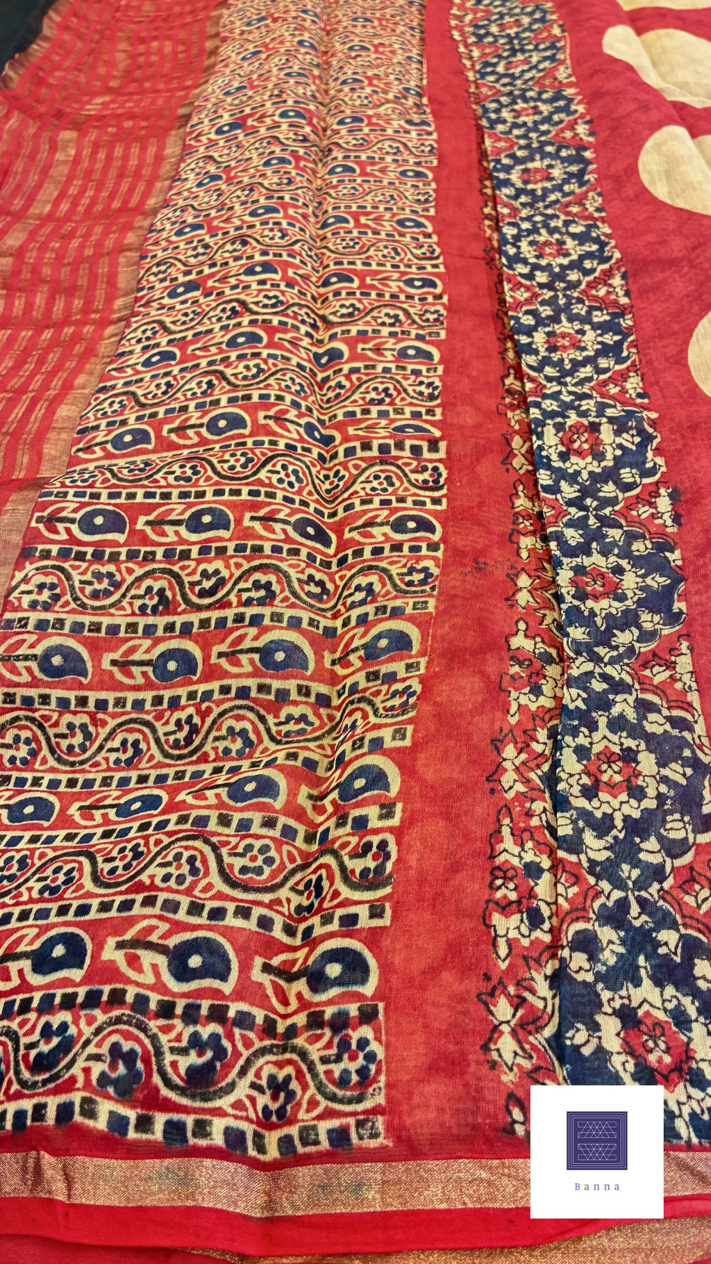 Pure Chanderi silk handblock prints - Cream, Black and Red