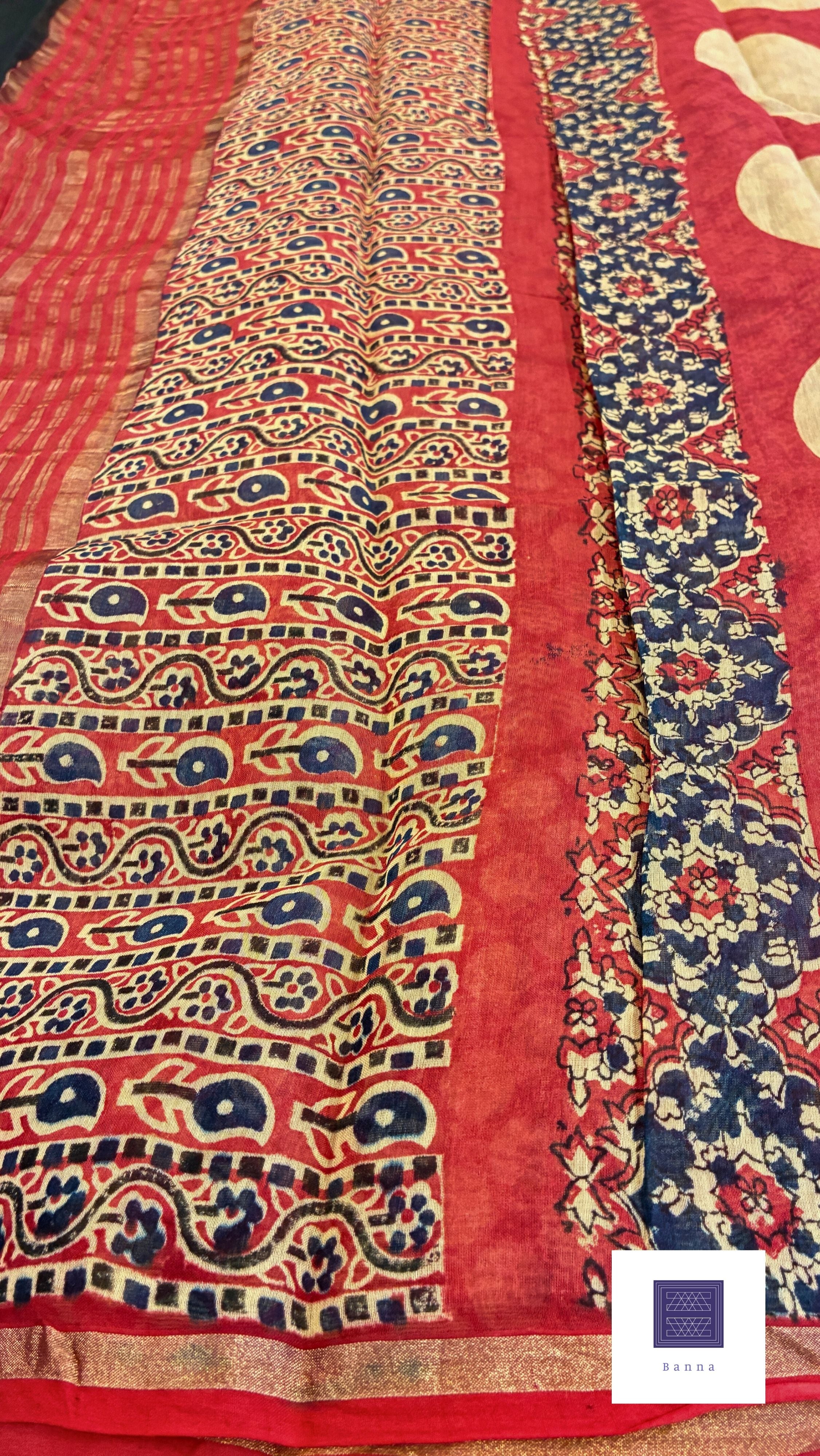 Pure Chanderi silk handblock prints - Cream, Black and Red