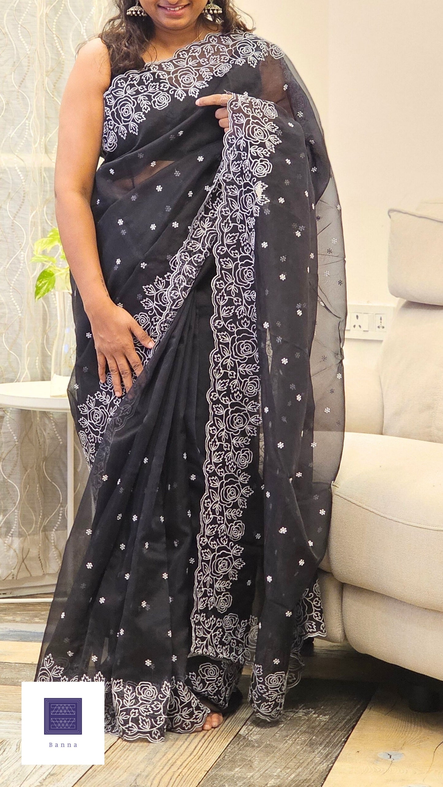 Black Rose Floral - Organza saree in black with Floral Embroidery in white