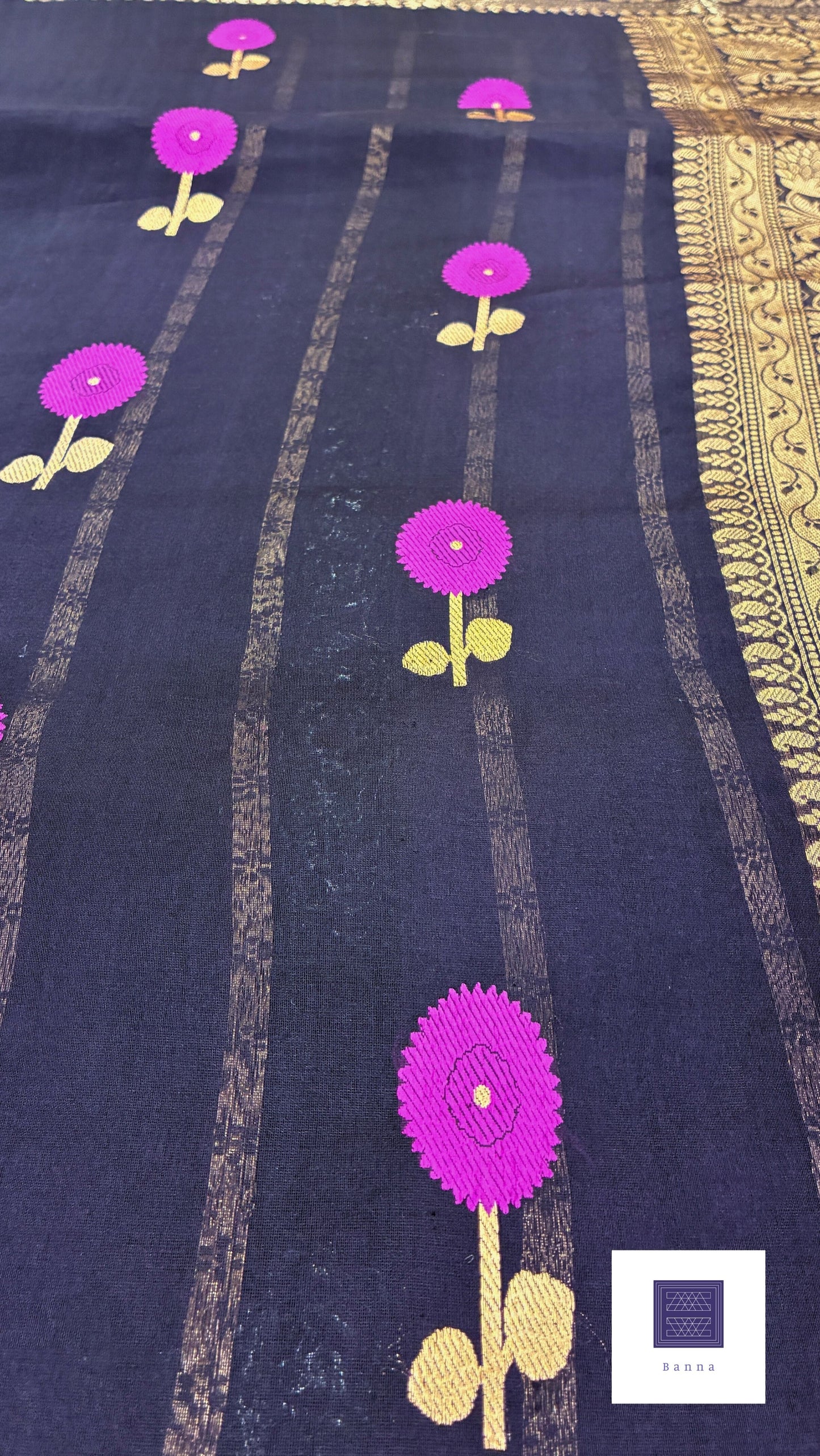 Pure Kora Silk with gold floral weaving - Black