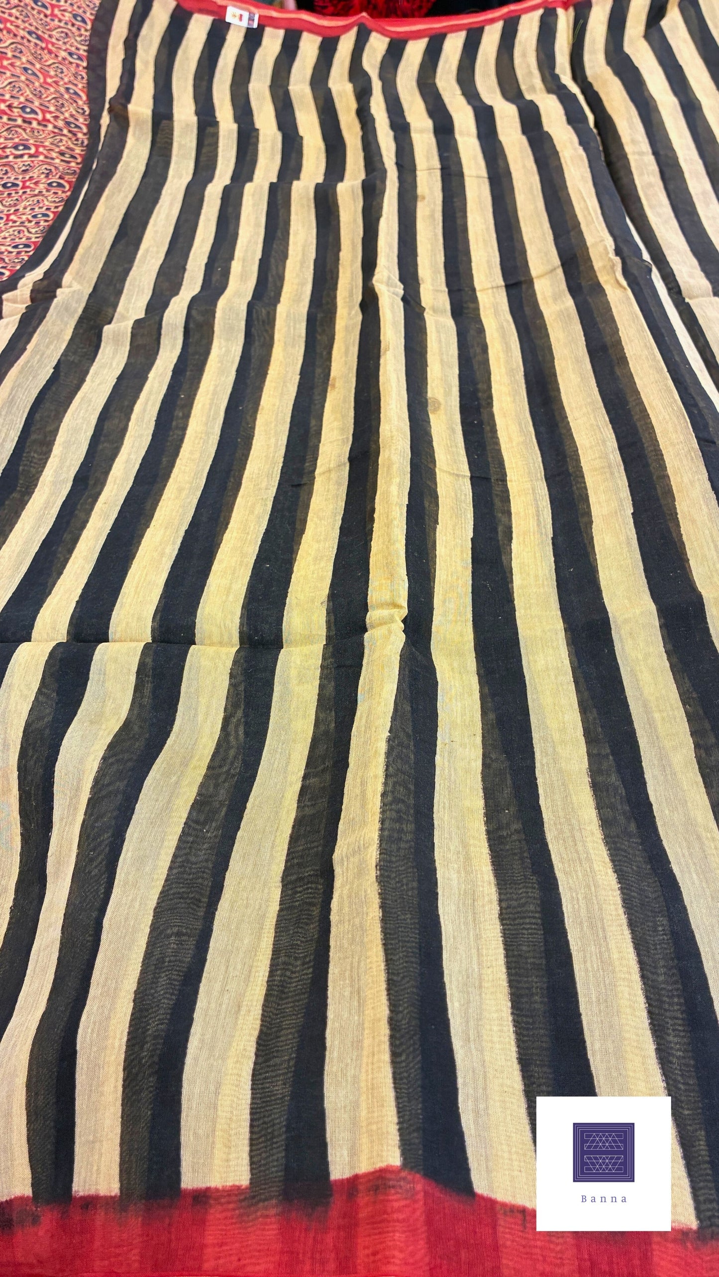 Pure Chanderi silk handblock prints - Cream, Black and Red