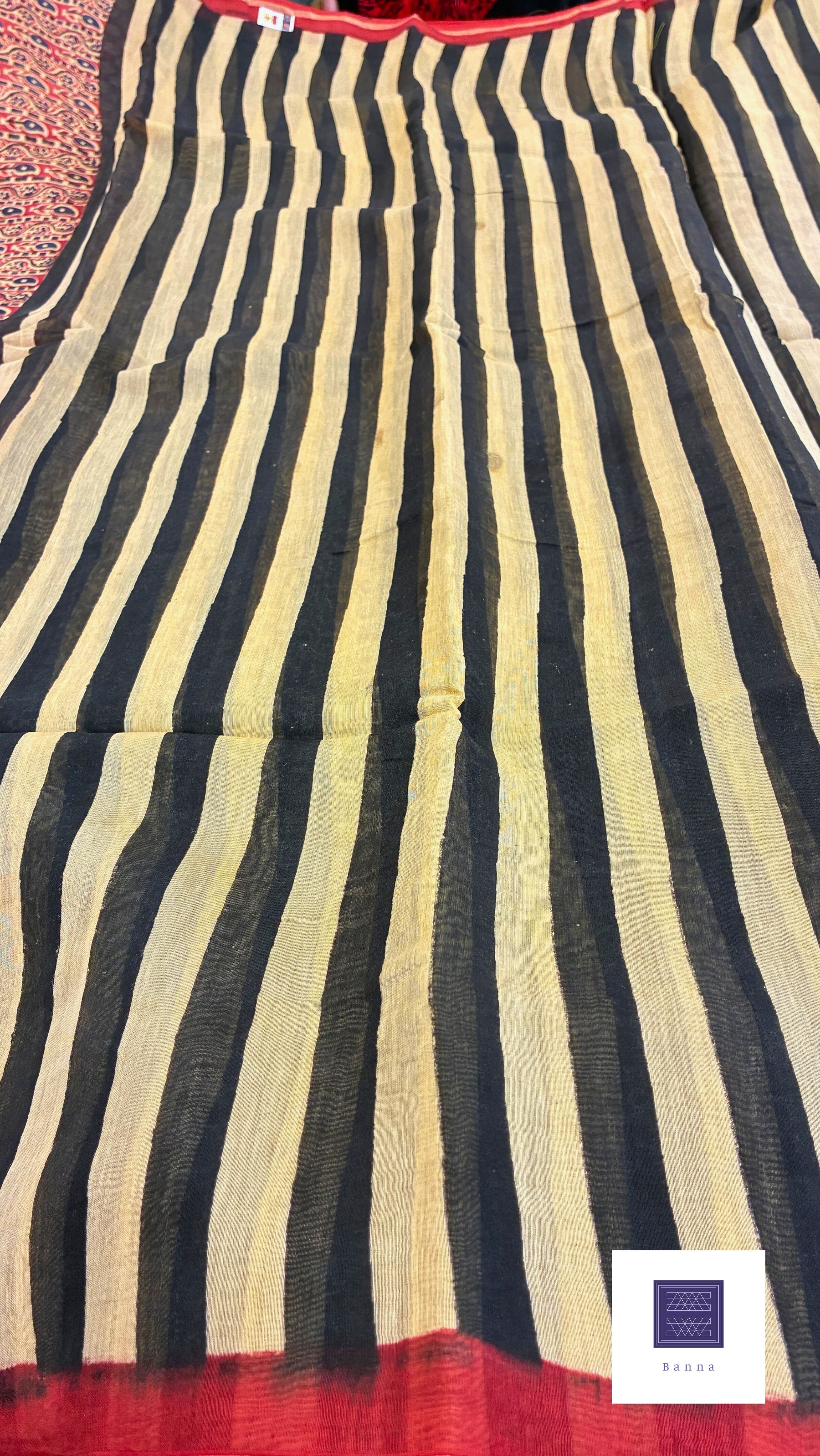 Pure Chanderi silk handblock prints - Cream, Black and Red