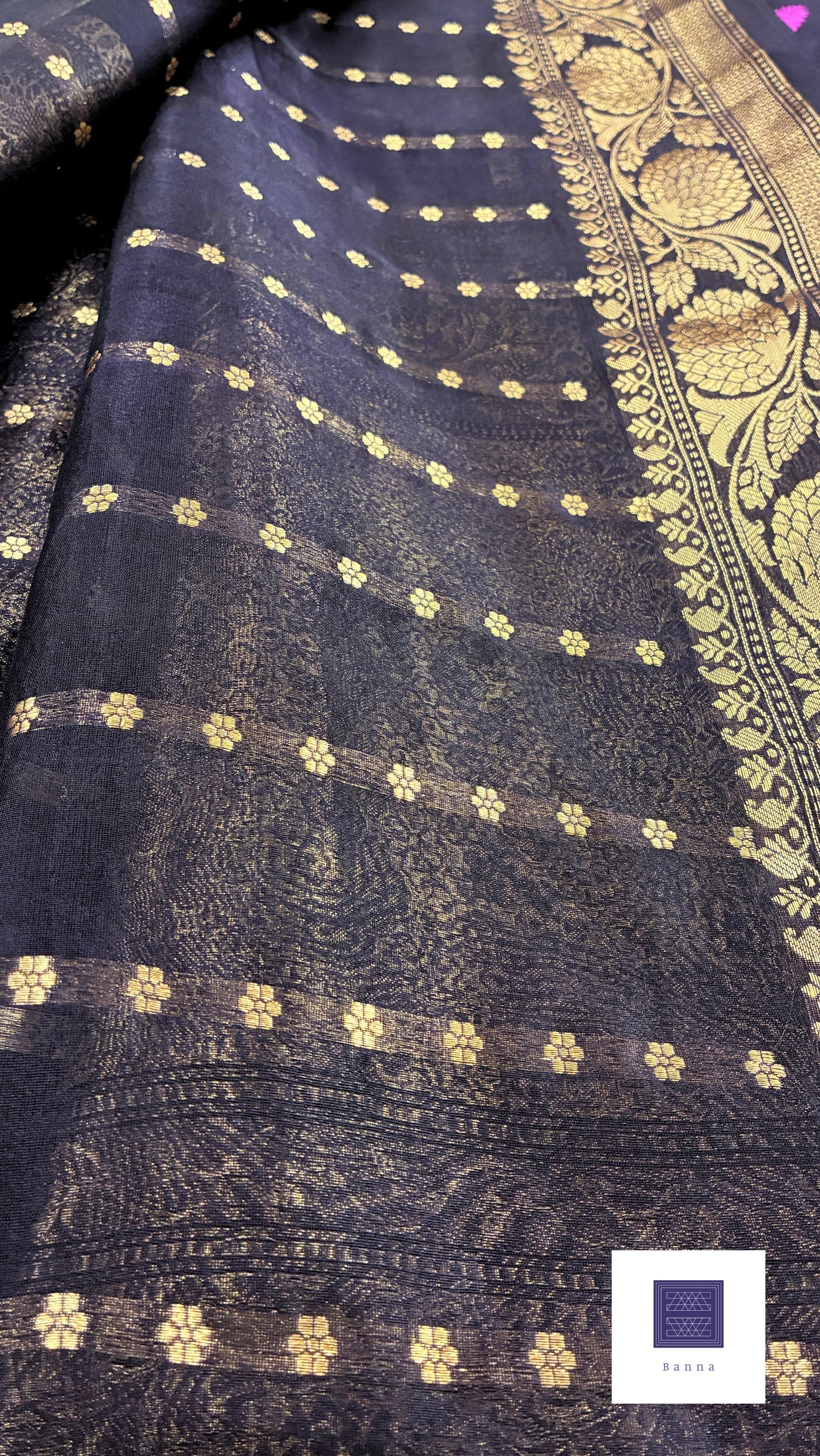 Pure Kora Silk with gold floral weaving - Black