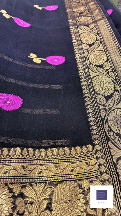 Pure Kora Silk with gold floral weaving - Black