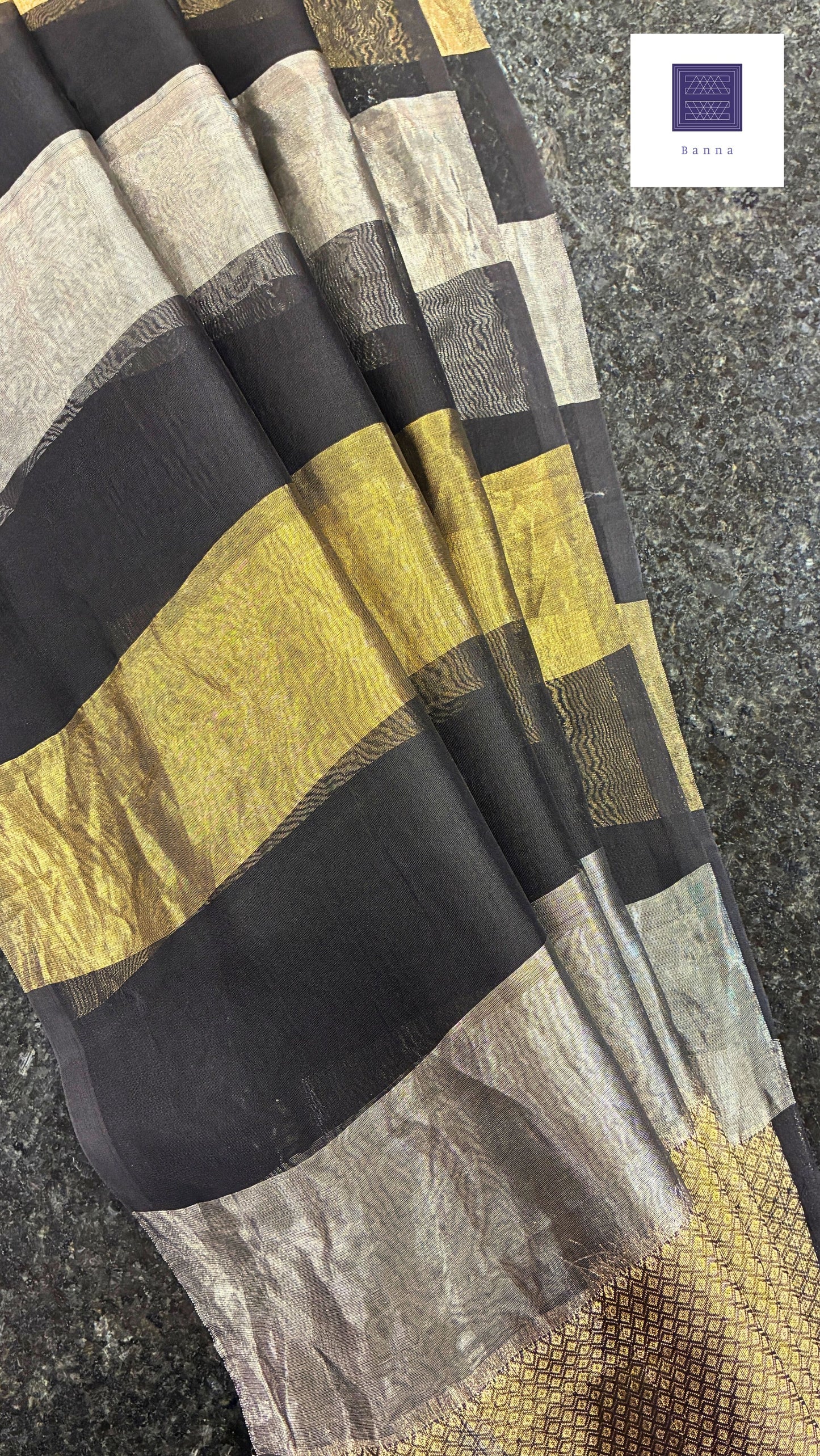 Pure Tissue and Organza silk saree - Black Gold Silver