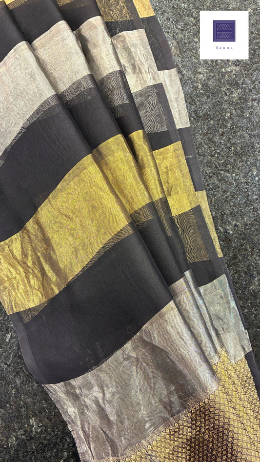 Pure Tissue and Organza silk saree - Black Gold Silver