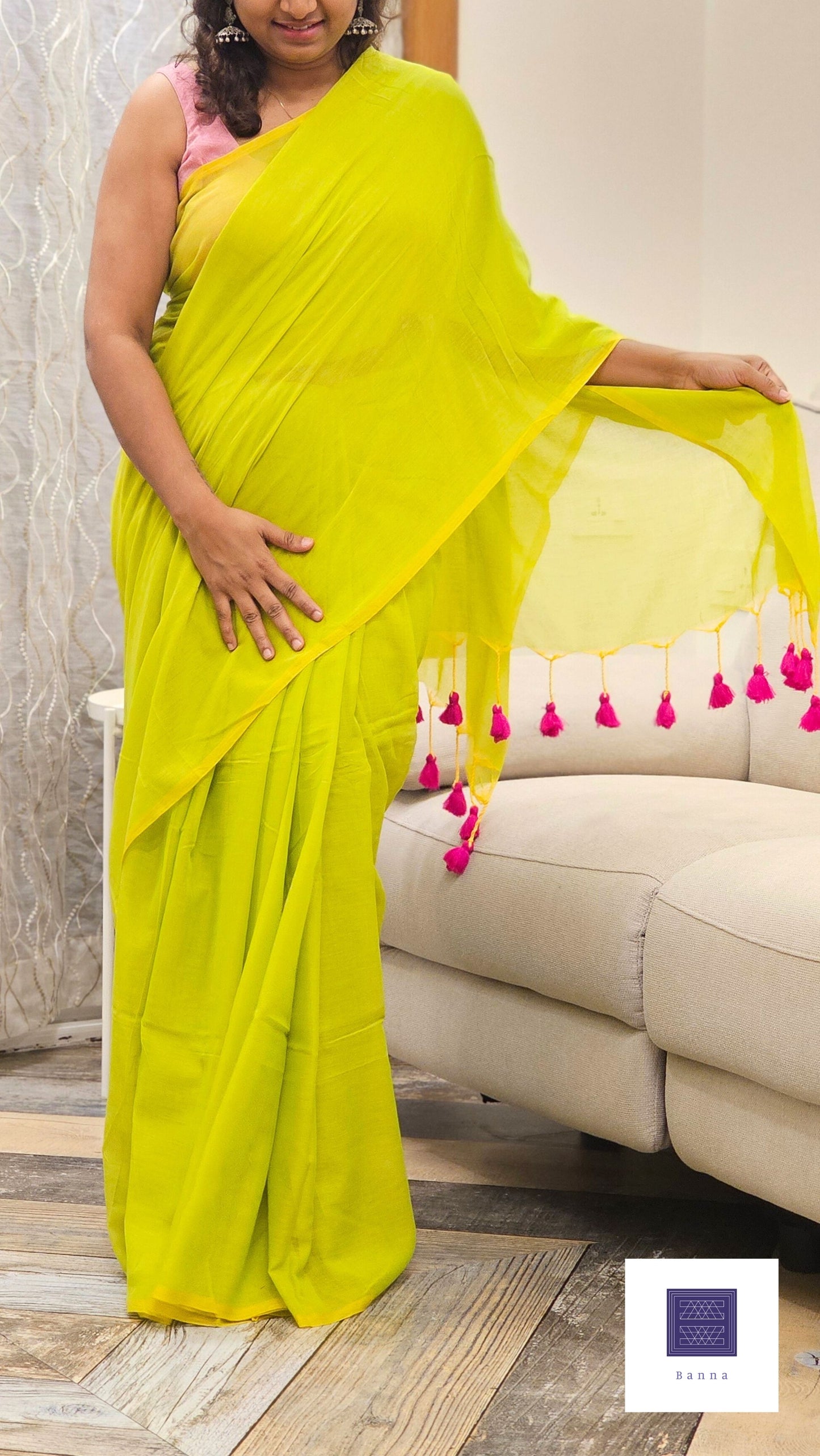 Soft Solid Mulmul Cotton saree - Bright vibrant Green