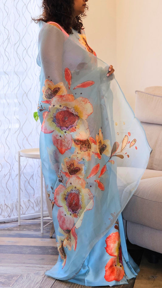 Half and half finest pure Kora Silk and satin saree - Sky Blue