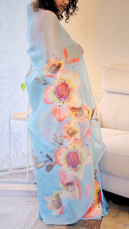 Half and half finest pure Kora Silk and satin saree - Sky Blue