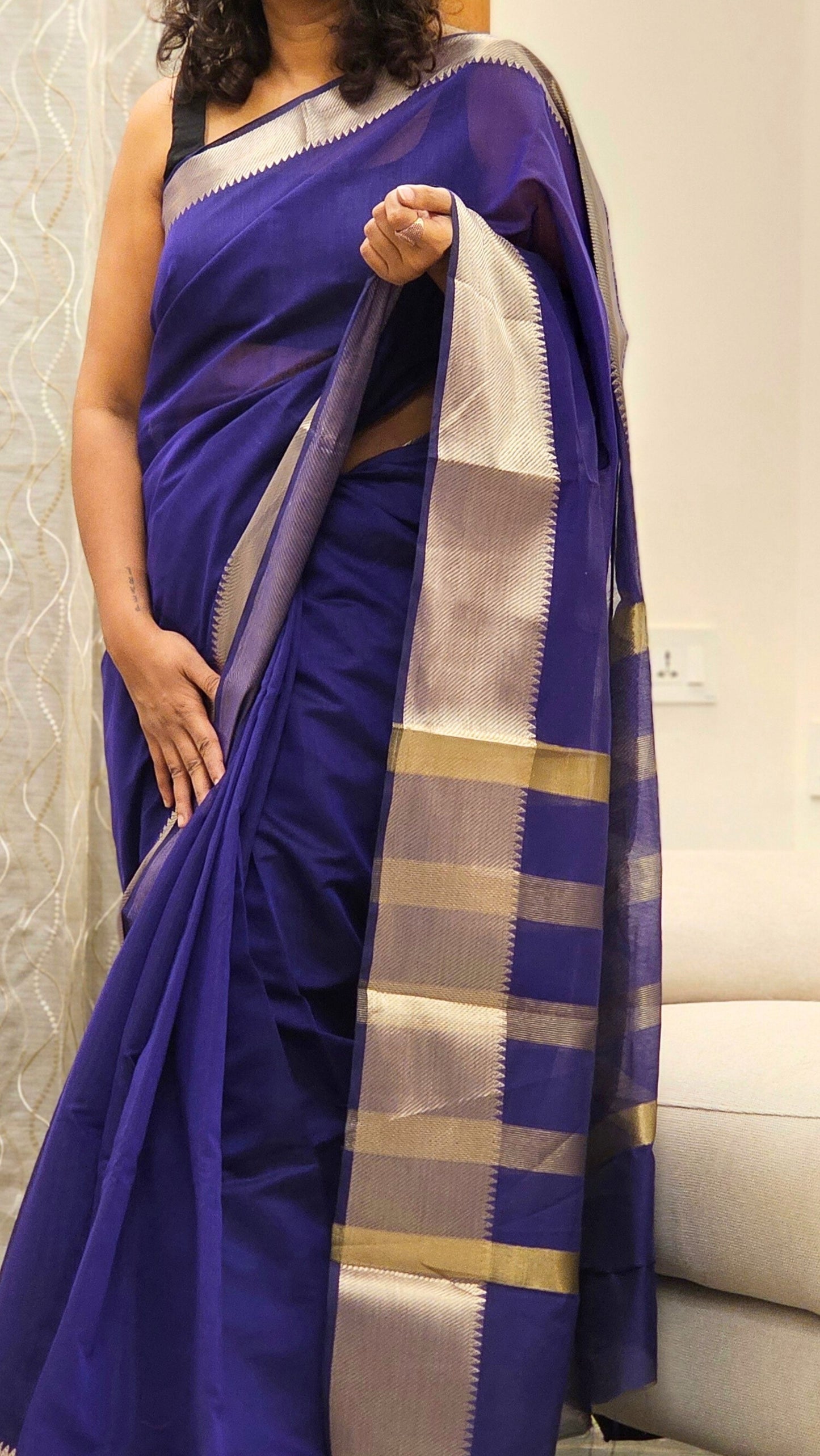 Cotton Saree with Gold Zari border - Dark Violet and Royal Blue mix