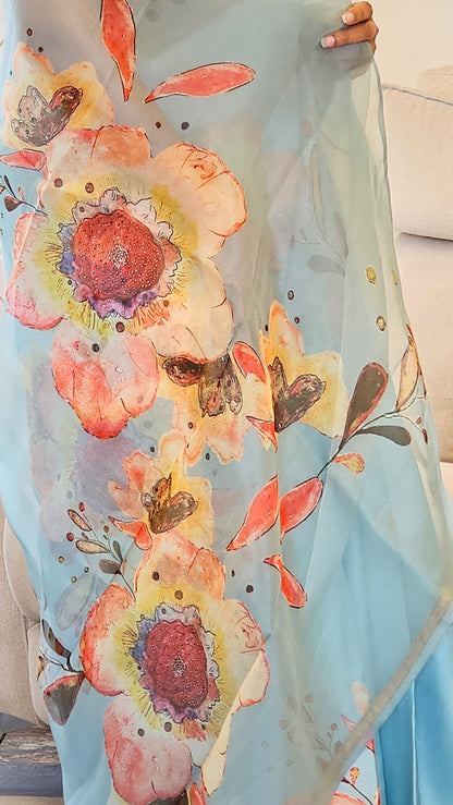 Half and half finest pure Kora Silk and satin saree - Sky Blue
