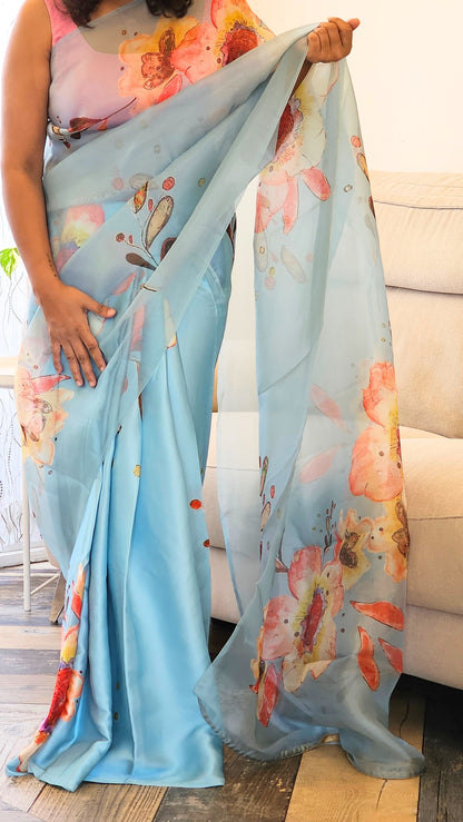 Half and half finest pure Kora Silk and satin saree - Sky Blue