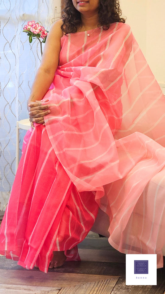 Classic Pink and White stripes Organza saree in Dual Pink and Light Pink colors - Banna's signature collection